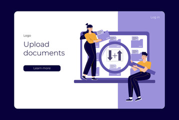 Woman earn money by uploading documents to the cloud. Man holding big loupe to see upload files and download dollars process. Make money online by working with documentation. Landing page