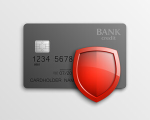 Protection shield Credit card. Safety badge banking icon. Defense safeguard finans icon. Security Plastic card software. Debit card guard electromagnetic chip. Privacy Electronic money funds transfer.