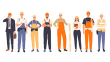 Group Of Construction Workers In Uniform, Men And Women Of Different Specialties Chief, Engineer, Worker