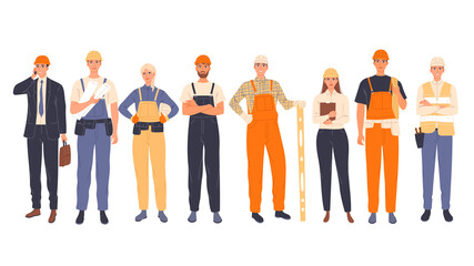 group of construction workers in uniform, men and women of different specialties chief, engineer, wo