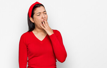 Sticker - Young hispanic woman wearing casual clothes bored yawning tired covering mouth with hand. restless and sleepiness.