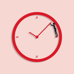 Businesswoman tries to turn back time. Woman stands into clock face and pushes back clock hand. Business deadline concept.