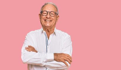 Sticker - Senior caucasian man wearing business shirt and glasses happy face smiling with crossed arms looking at the camera. positive person.