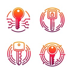 Fototapete - Cybersecurity vector icons with isolated locks and keys. Lineart padlocks and secure access digital keys with computer circuit board pattern, encryption, ddos attack, malware and hacking protection