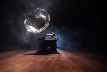 Old Gramophone On A Dark Background. Music Concept