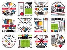 Croquet Club, Court Booking And Tournament Retro Icons. Wooden Mallet, Color Balls And Hoops, Clips And Pegs Engraved Vector. Croquet Country Club, Sport Competition And Association Vintage Emblem