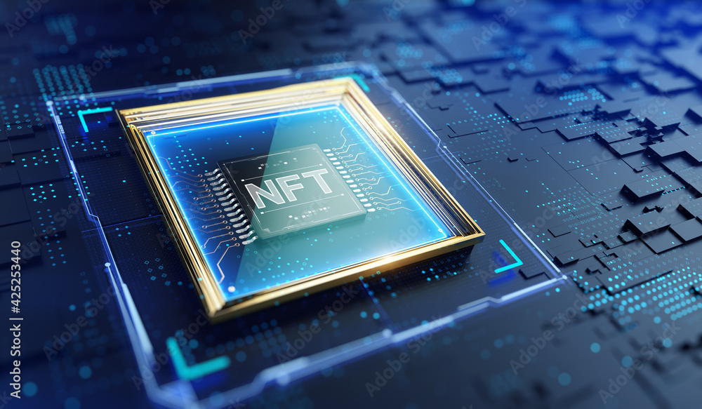 NFT nonfungible tokens concept - NFT word in picture frame on abstract technology background. 3d rendering - obrazy, fototapety, plakaty 