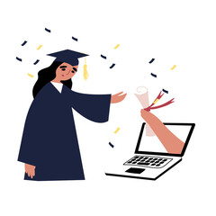 Online prom. Young female student in a bathrobe and a hat with a tassel receives a diploma. Hand from the computer holds out a document. Vector illustration hand drawn on a white isolated background.