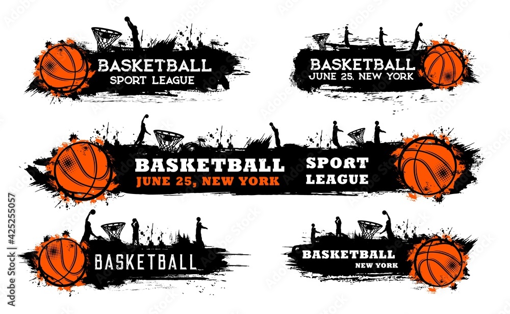 Basketball team match, sport league game grungy banner with ball, silhouette of players doing slam dunk in hoop and paint, ink splatters, smudges vector. Basketball tournament cup, competition poster - obrazy, fototapety, plakaty 