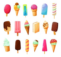 Wall Mural - Ice cream cones in chocolate and waffle, vector summer food dessert icons. Cartoon ice cream, vanilla sundae and strawberry scoop gelato, gelateria and cafe menu of soft ice and sorbet flavors