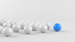Leadership concept, blue leader ball, standing out from the crowd of white balls. 3D Rendering