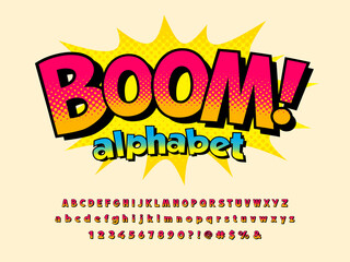 Wall Mural - comical style vector font design with uppercase, lowercase, numbers and symbols