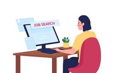 Woman searching for job online flat color vector detailed character. Look for work on internet. Unemployment issue. Female employee isolated cartoon illustration for web graphic design and animation