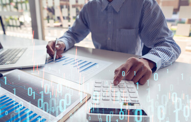 Business people working with finance graph in blurred office with double exposure of business infographics and graphs. Market analysis concept, data analysis technology.