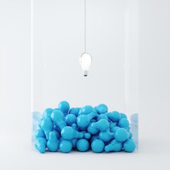 Wall Mural - Lighting bulb Floating on blue color light bulb Overlap in glass box on white background. Minimal idea concept. 3D Render. Game machine concept.