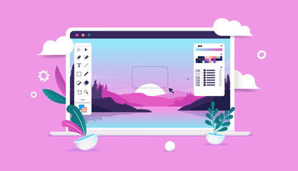 Photo retouching and editing on computer screen - Photo software on laptop with user interface and landscape image. Graphic design concept. Vector illustration.
