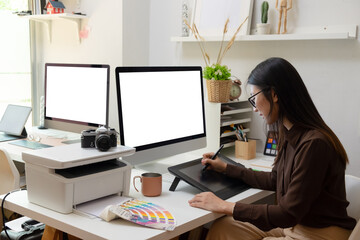 Close-up view of young ui development team working together in office.