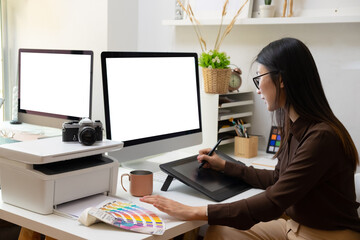 Close-up view of young ui development team working together in office.