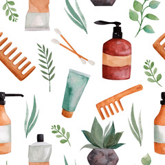 Seamless pattern with eco-friendly personal care items, watercolor illustrations set of spa objects