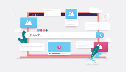 Poster - Search engine on computer screen - 3d vector illustration of laptop with internet search and results popping out. Finding information online concept.