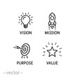 mission vision icon, value company purpose, strategic target, thin line symbol on white background - editable stroke vector eps10
