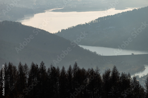 Zywieckie Lake in afternoon sunrays, view from Zar Mountain (pol. Góra Żar)