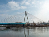 Fototapeta Mosty linowy / wiszący - View to the bridge across the river Rhine near to Neuwied - copy space