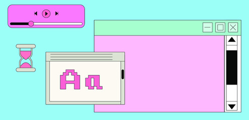 Set of retro user interface tabs and icons. Screen panels and dialog boxes of computer software.