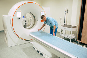 Wall Mural - Medical Equipment and Health Care. Magnetic resonance imaging scan or computed tomography device in modern Hospital.