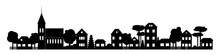 Small Town Silhouette Cutout Skyline With Chapel Houses Trees Black And White