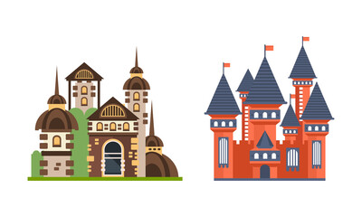 Canvas Print - Fairytale Castle Towers Set, Medieval Mansion Facades Cartoon Vector Illustration