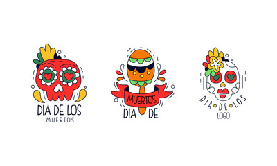 Sticker - Dia de Los Muertos Logo Design Set, Mexican Day of Dead Badges, Traditional Festival Colorful Hand Drawn Labels Vector Illustration