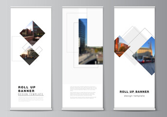 Wall Mural - Vector layout of roll up mockup design templates with geometric simple shapes, lines and photo place for vertical flyers, flags design templates, banner stands, advertising design mockups.