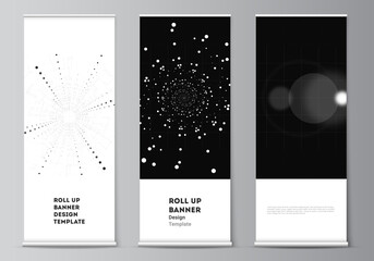 Wall Mural - Vector layout of roll up design templates for vertical flyers, flags design templates, banner stands. Black color technology background. Digital visualization of science, medicine, tech concept.