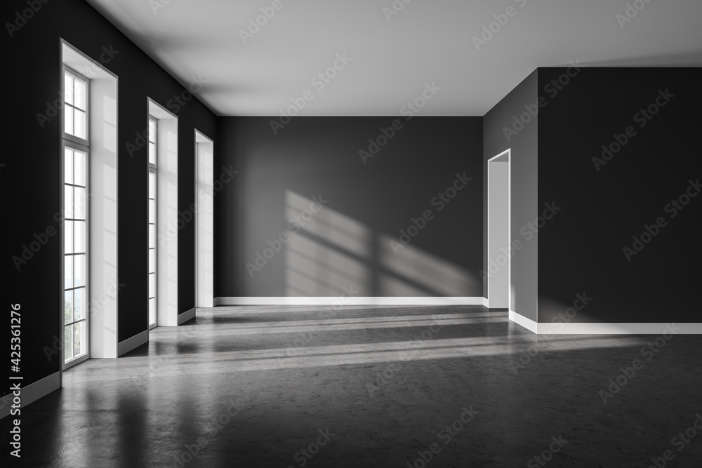 Grey empty living room interior with windows and no furniture - obrazy, fototapety, plakaty 