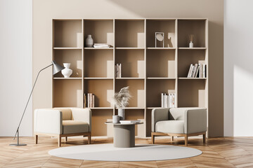 Light living room interior with armchair, bookshelf and parquet floor