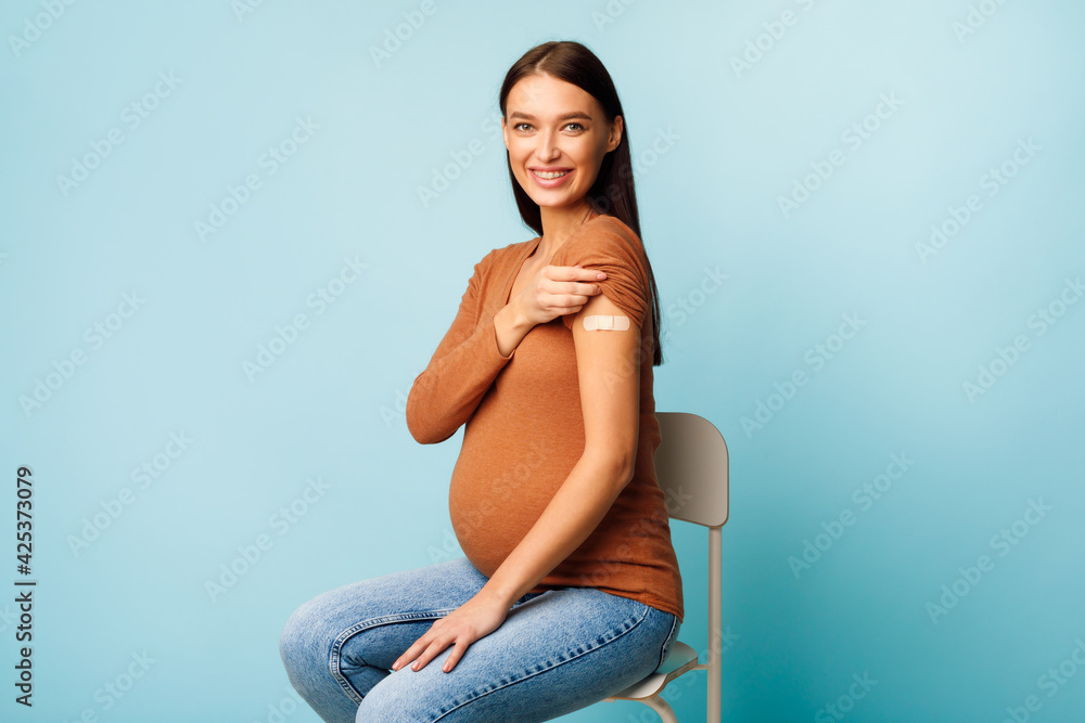 Pregnant Woman Vaccinated Against Covid-19 Showing Arm With Bandage, Studio - obrazy, fototapety, plakaty 