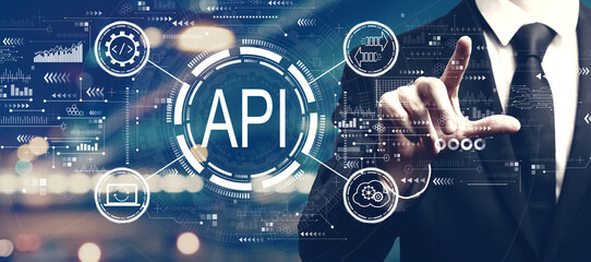 Wall Mural - api - application programming interface concept with a man on city background