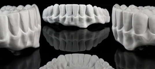 milled dental prosthesis made of zircon in pure form before painting, collage on black glass with creative reflection