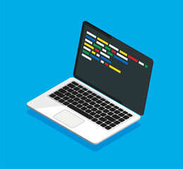 Isometric laptop with code on a display. Web developer, design, programming. Coding concept. Isolated vector illustration.	