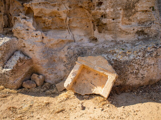 Tombs of the Kings, Paphos, Cyprus. Fragments of design elements of a stone cell.