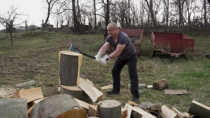 Poster - Strong woodman splitting logs