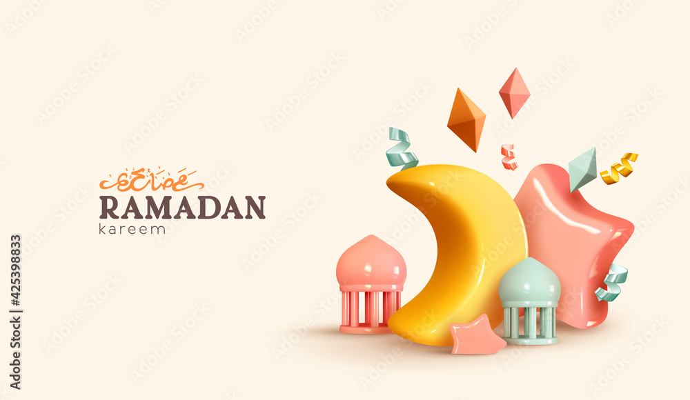 Ramadan Kareem holiday background. Celebrate Ramadan Holy month in Islam. Realistic design with 3d object. Festive banner, poster, flyer, stylish brochure, greeting card, cover. Vector illustration - obrazy, fototapety, plakaty 