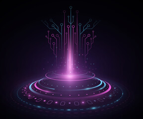 Poster - Futuristic HUD interface. Glowing computer circuit board. Glare and flare. Artificial intelligence. Hi-tech portal. Technology background. UI and Sci-fi design. Vector illustration.