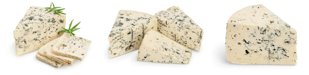 Wall Mural - Blue cheese with rosemary isolated on white background with full depth of field. Set or collection