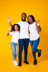 Wall Mural - African American family waving hands at camera at studio