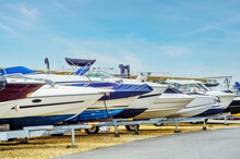 Boats On Stand On The Shore, Luxury  Yachts And Ships, Maintenance And Parking Place Boat