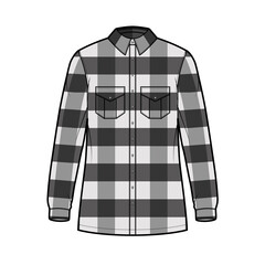 Sticker - Lumber jacket technical fashion illustration with Buffalo Check motif, oversized body, flap pockets, button closure, long sleeves. Flat apparel front, grey color style. Women, men unisex CAD mockup