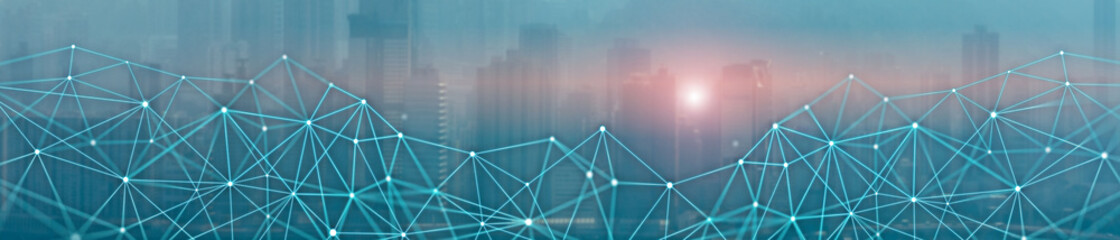 Wall Mural - network on city skyline at night. connecting technology concept. blue lines web