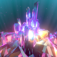Aufkleber - 3d rendering digital illustration with shiny crystals. Light particles is reflected in gem. Luxury abstract background